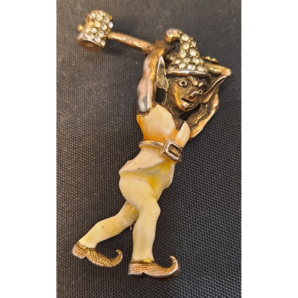 Marvella Enamel Elf Brooch Hammer Rhinestone Pin Pixie Troll Fairy Orange Yellow